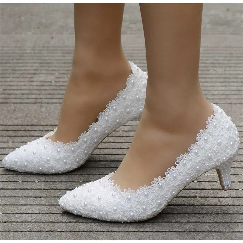 كريستال الملكة الدانتيل الأبيض أحذية الزفاف 5 سنتيمتر سميكة هريرة كعب مضخات أميرة حزب عيد ميلاد الكعب 2201119