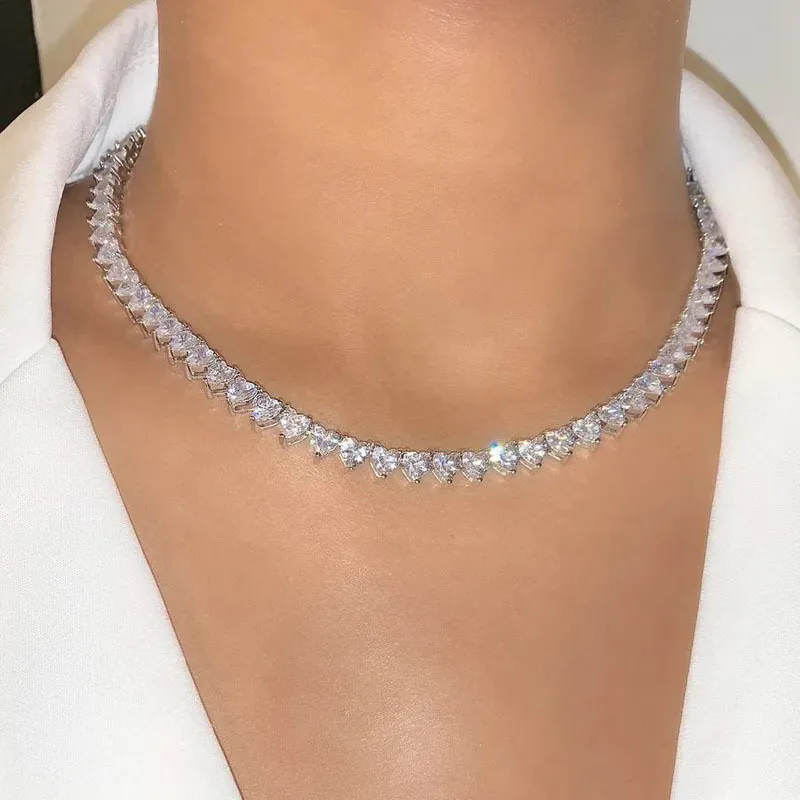 2021 nouvelle fête des mères coeur chaîne de tennis tour de cou glacé Hip Hop brillant collier pavé blanc Cz pour les femmes bijoux de mariage cadeau X0509