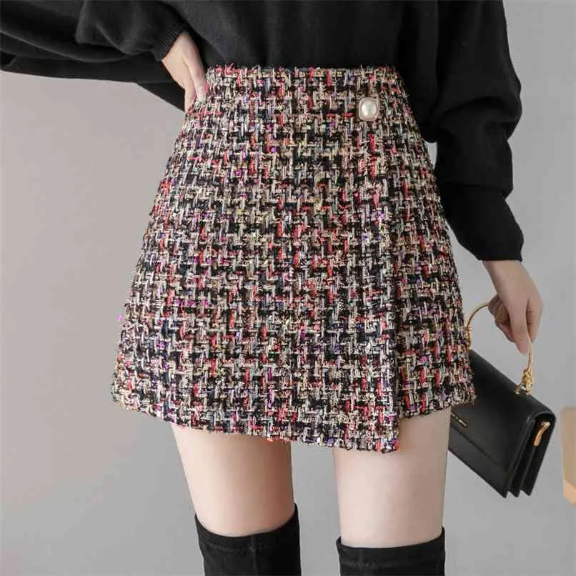 High Street Fashion Tweed Skirt Women Waist Irregular Short Mini with Safe Shorts Plus Size Female s 210601