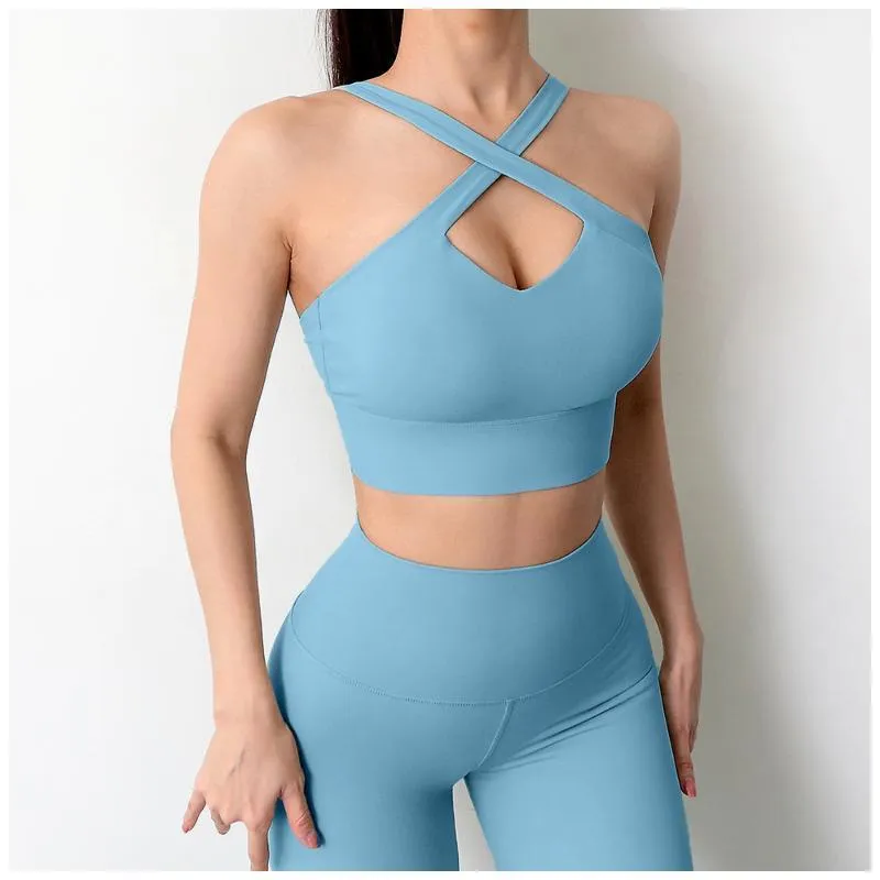 Yoga Outfit Women Solid Color Sexy Two-Pieces Set Cross Strap Bra And Pants  Suit Breathable Quick Dry Fitness Gym Running Workout