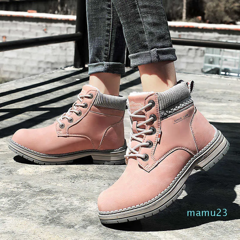 Women's Boots Pink Ankle Boots Woman Winter PU Leather Plush Warm Waterproof Short Motorcycle Boots Women's Shoes Short Booties 211013