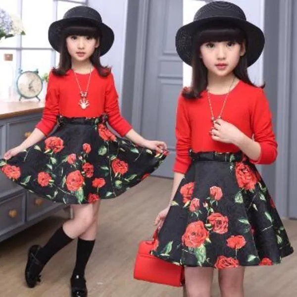 Wiosna / jesień z długim rękawem białe czerwone sukienki dla dziewcząt rozmiar 120 ~ 160 nastoletnia sukienka 10 12 lat kwiaty odzież Q0716