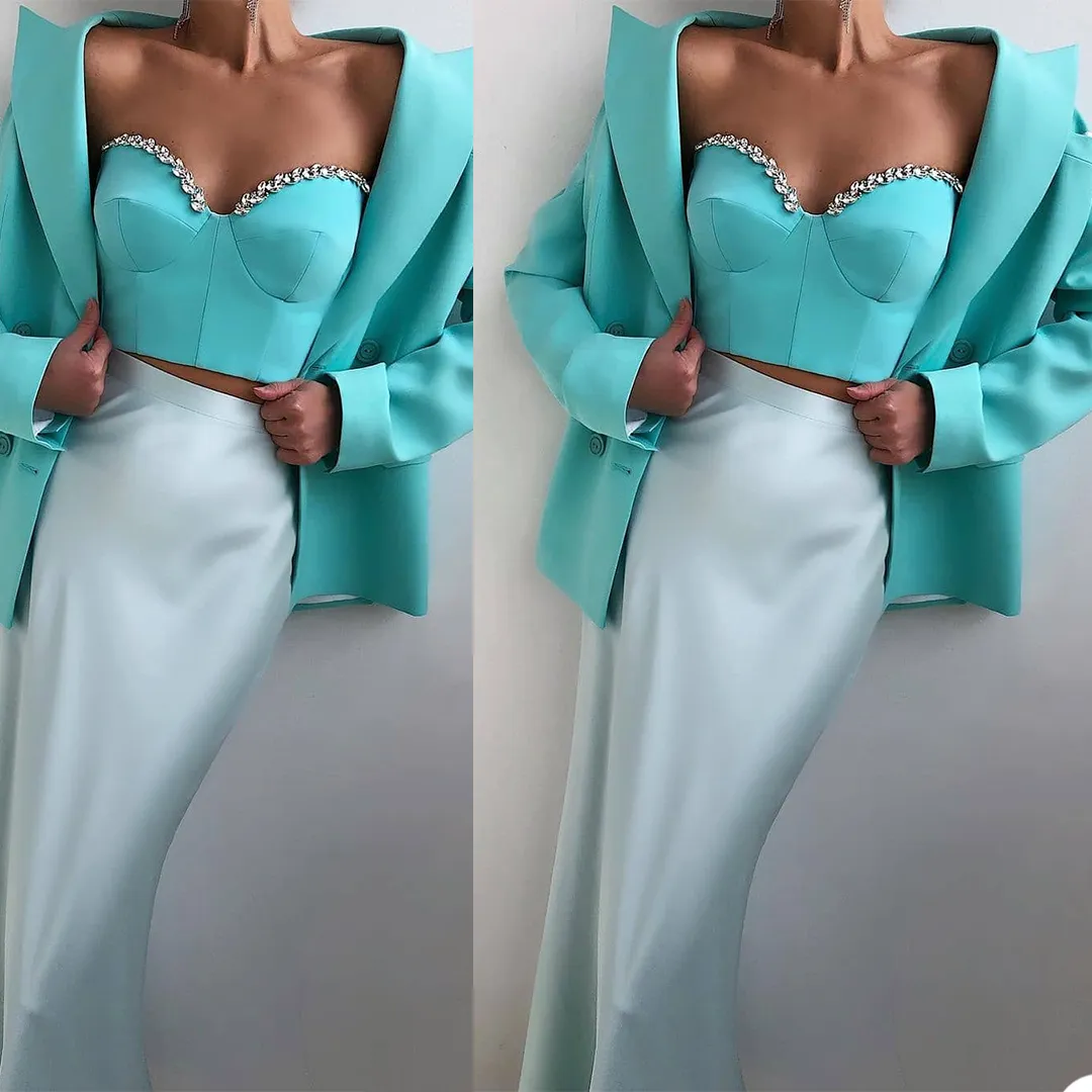 Fashion Mother of the Bride Blazer Suits Women Ladies Crystal Beading Evening Party Tuxedos Formal Wear For Wedding (Jacket+Bra)