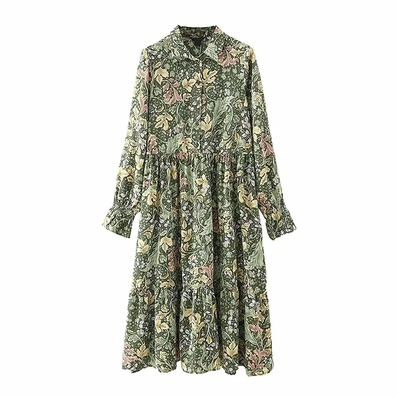 Herfst vrouwen groen blad afdrukken losse midi jurk vrouwelijke turndown kraag lange mouw kleding casual dame vestido D6782 210430