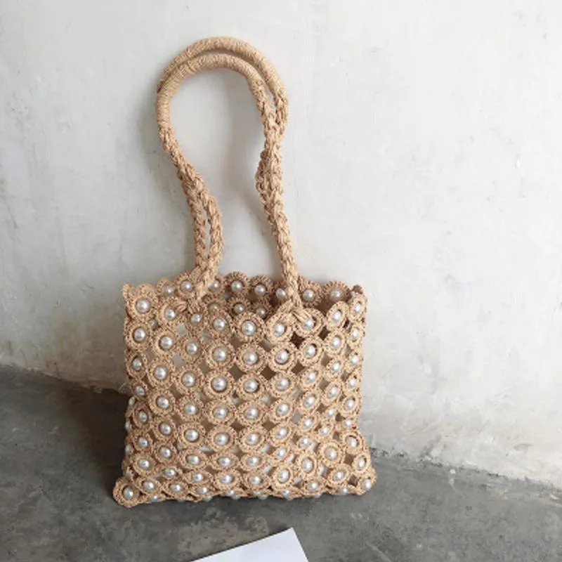 Aftonväskor Tobo 2021 Summer Pearl Straw Shoulder Seaside Woven Portable Shopping Bag Handgjorda Beach Handväskor Totes