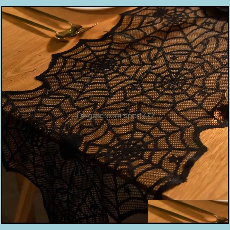 Rectangular Halloween Decor Pumpkin Lace Table Runner Black Spider Web Table Cover Perfect for Halloween Dinner Party and Scary Movie