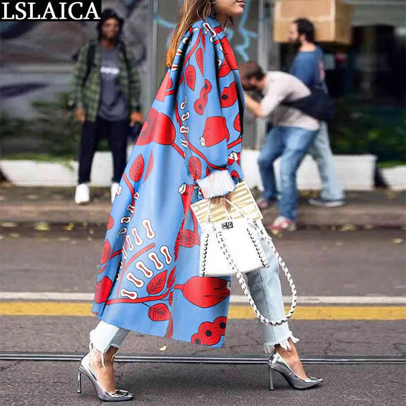 Women Trench Coat Fashion Long Sleeve Turn-Down Collar Loose Plus Size Floral Print Female Overcoat High Street 210520