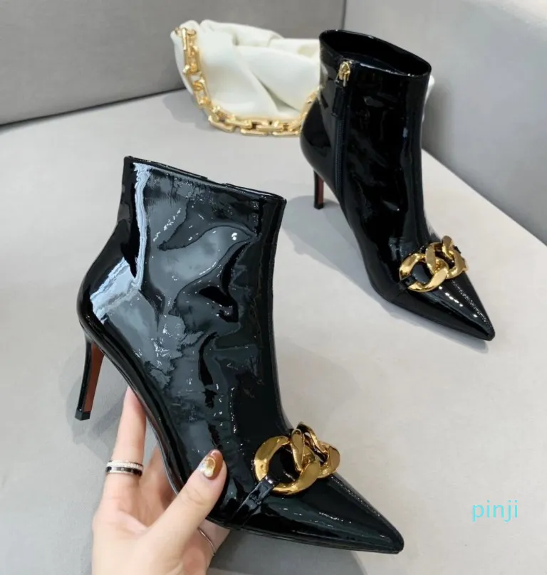 High-end women's shoes 2021 autumn and winter new fetal cow lacquered leather fashion metal buckle pointy high-heeled boots