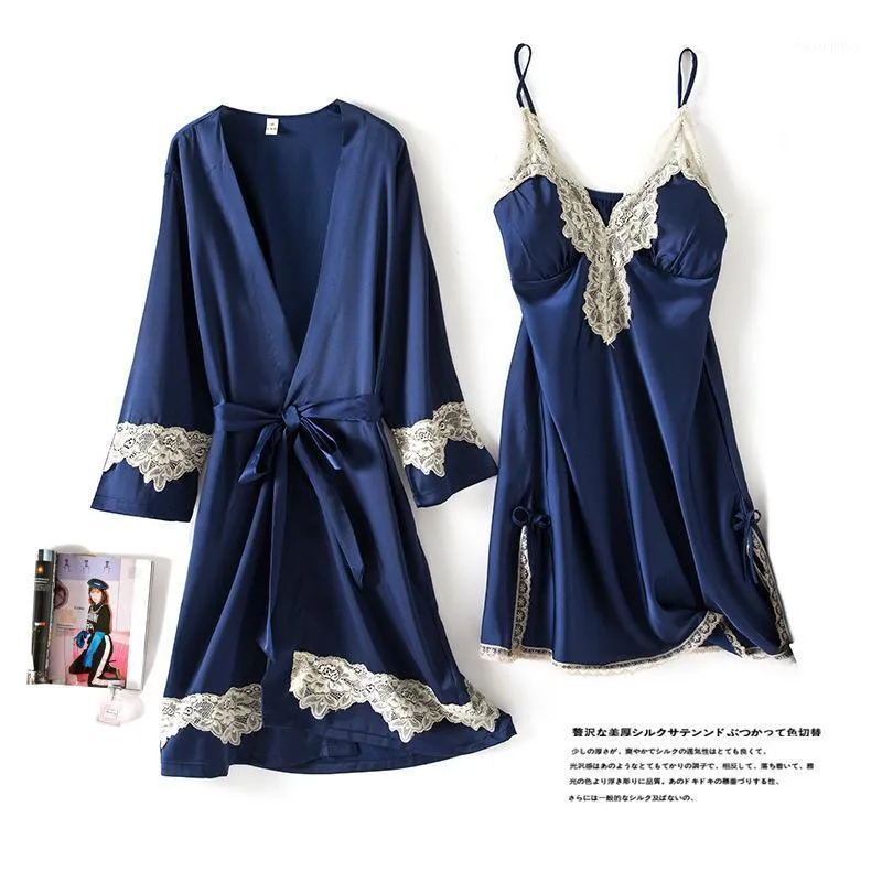 Navy Blue 2PCS Robe Set Women Lace Home Clothing Intimate Lingerie Satin Casual Nightgown Sleepwear Sexy Nightwear Sleep Suit Women's