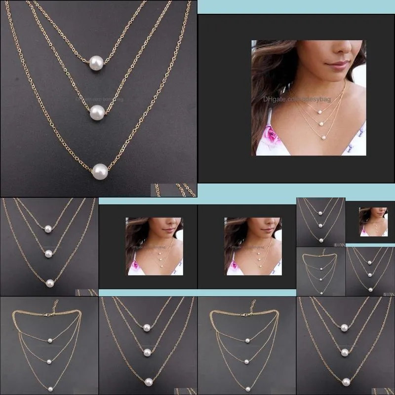 Simple 3 layer Chain Simulated Pearl Choker Necklace For Women Fashion Gold Necklace Party Gift