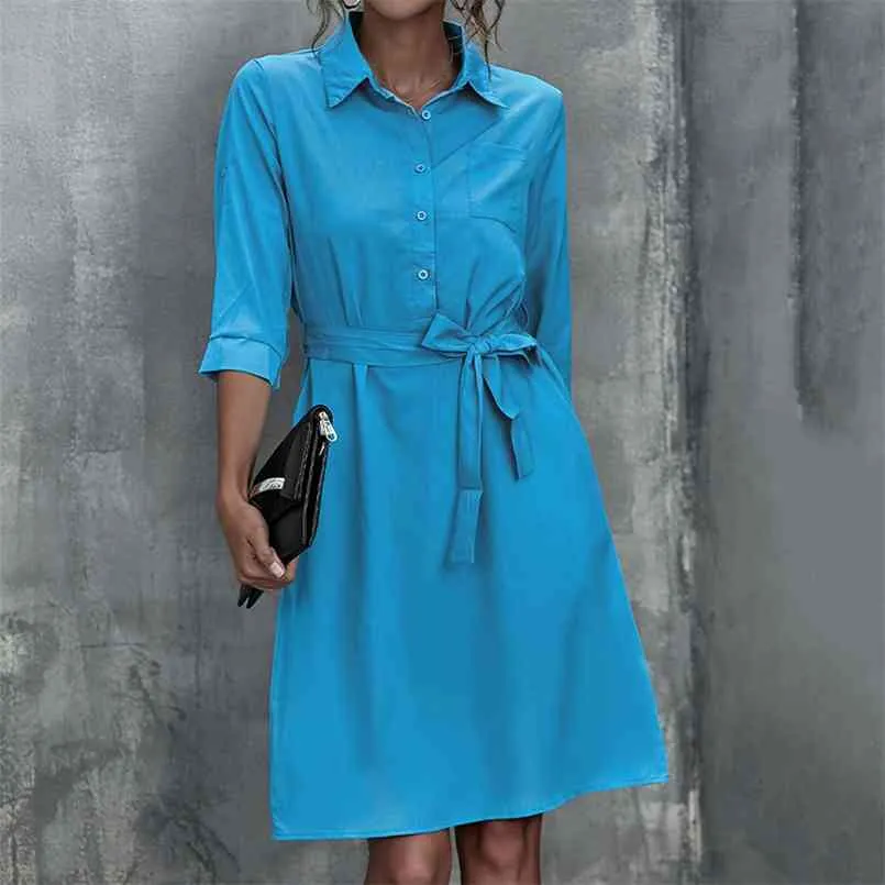 Fashion Autumn Shirt blue pocket Dress Winter Three-Quarter Sleeve Waistband Solid Color A-Line womens vestido dress 210508