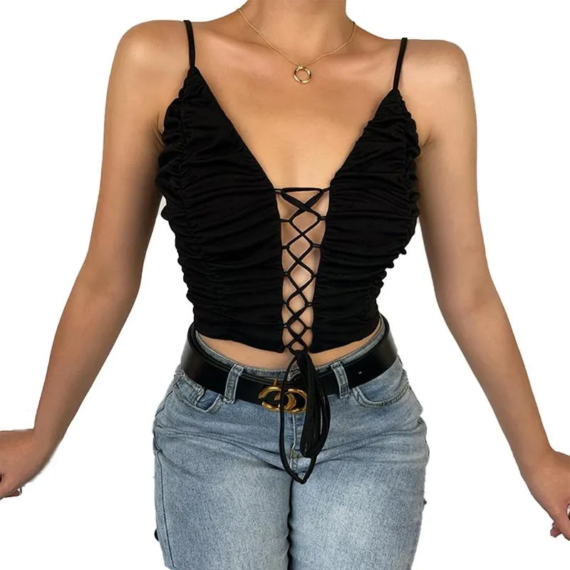 Kvinnors shapers camisole sommar mode sexig ärmlös v halsutskärning veckad snörning lapptäcke skörd topp fast färg svart /av