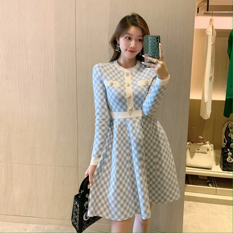 Designer Womens dress autumn clothes sweater casual long skirt clothing Knitted A-line skirts women knit Plaid printing girl warm Long sleeve dresss Asian size S-L