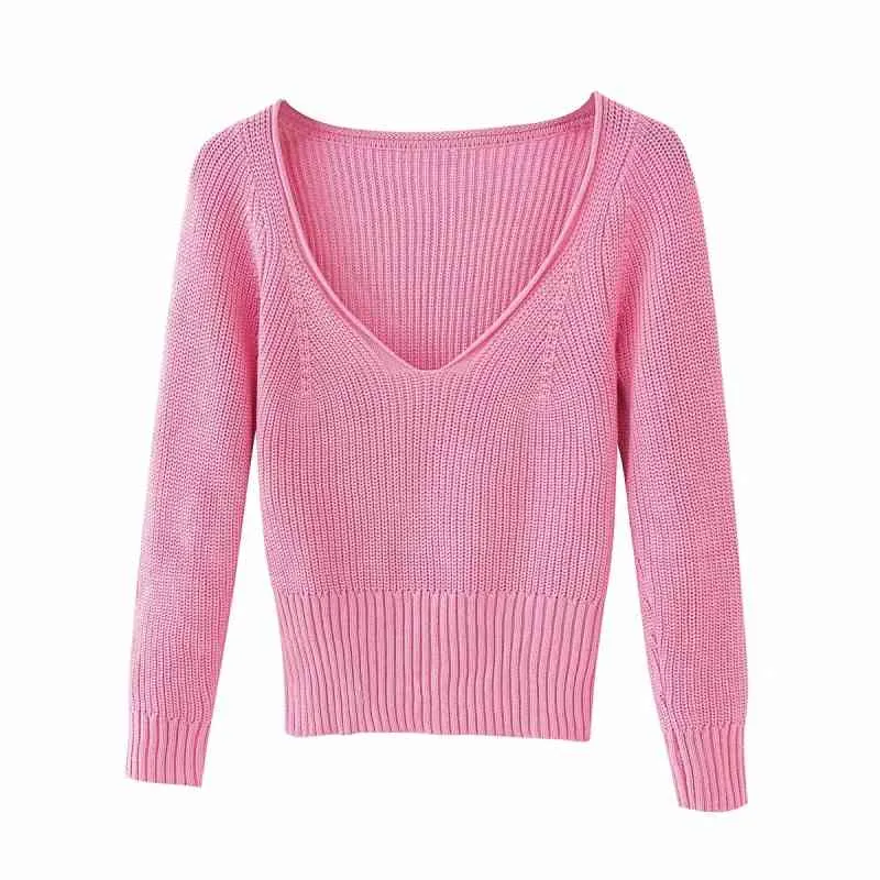 Femmes doux rose tricoté chandails mode dames élégant pull court vintage femme mignon tricots filles chic hauts 210430
