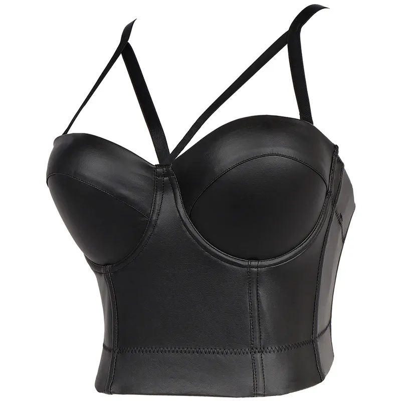 Hanwilder Crop Top PU skórzane kamizelka Bra Bustier Suspeners