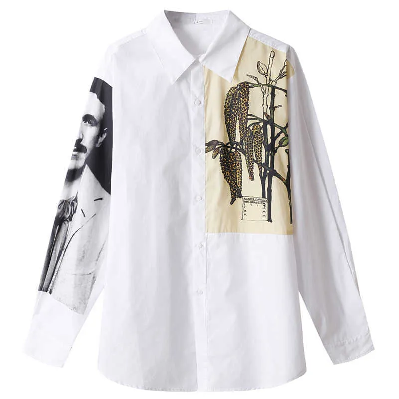 Возможно, у вас белый черный персонаж Дерево напечатает поворотный воротник с длинным рукавом шикарная свободная рубашка B0579 210529