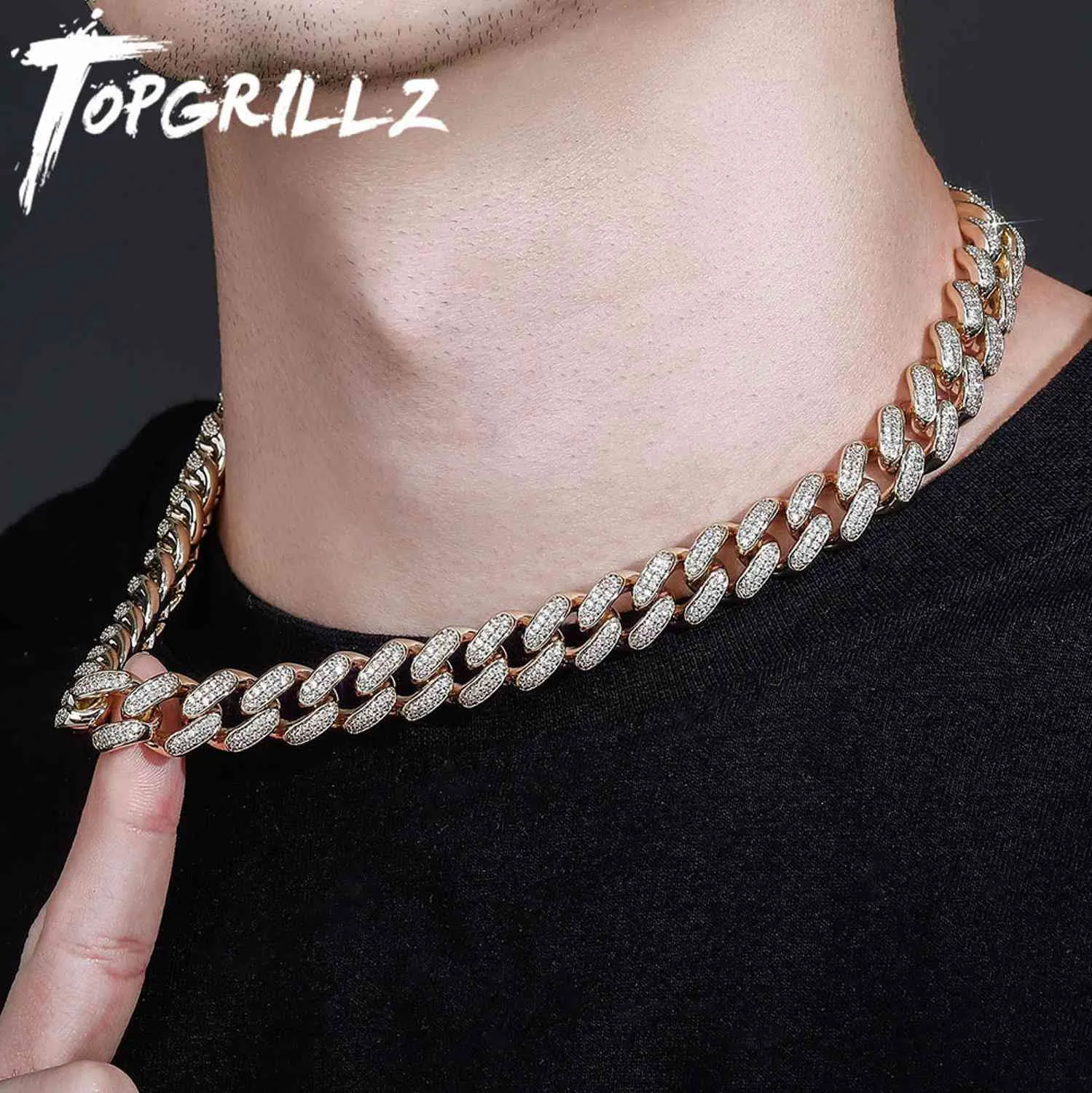 TOPGrillz 12mm / 14mmキューバチェーンネックレスアイスマイクロパブキュービックジルコニアゴールドカラーメンズネックレスヒップホップロックジュエリーx0509