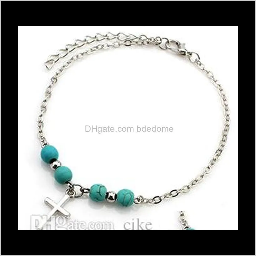 charm anklet hand tree cross round pendant blue bead silver color plated metal chain for women foot anklet gilft