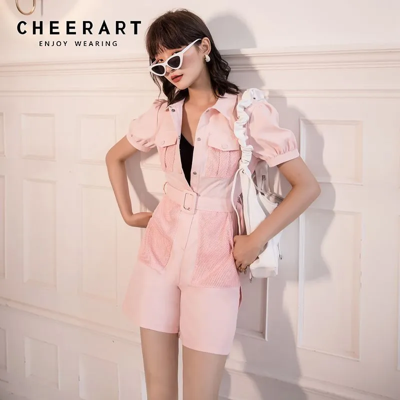 Summer Pink Body Donna Pagliaccetti Tunica Buttons Up Puff Sleeve Combinaison Tuta Salopette Femme 210427