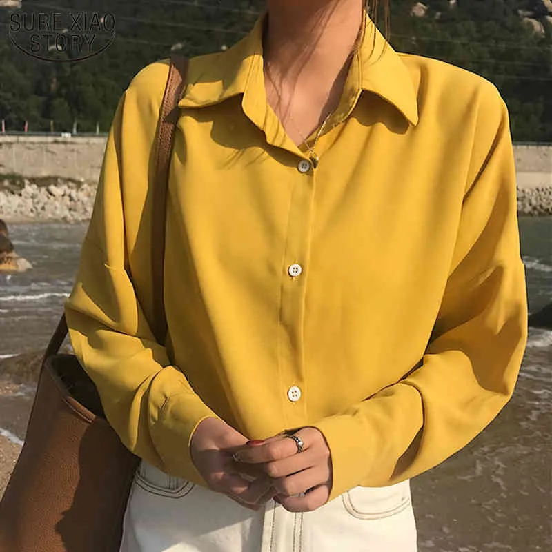 Gevşek Mizaç 4 Renkler Seçmek için Yaz Tek Göğüslü Uzun Kollu Kadının Gömlek Katı Vintage Vahşi Üst Kadın 9681 210508