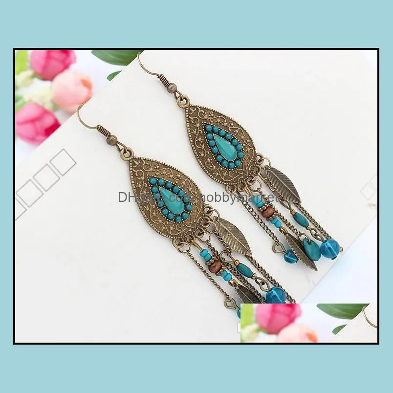 Retro ethnic style jewelry fashion oval leaf earrings exaggerated Indian rice beads long fringe earrings