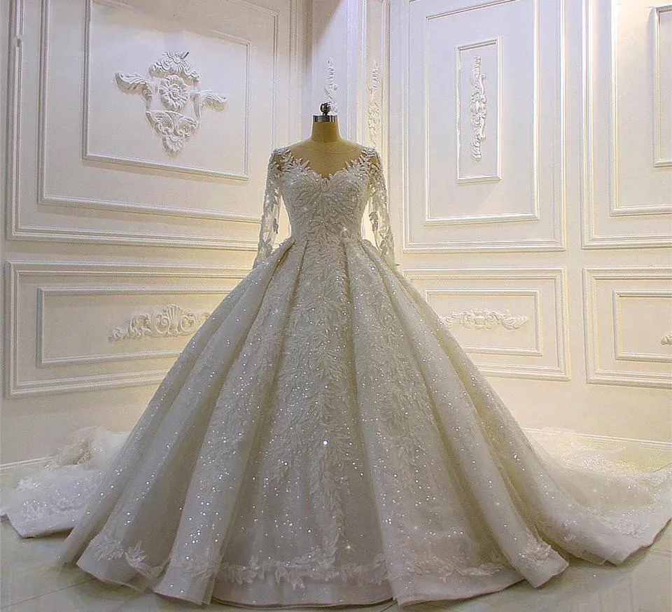 2022 Robes de mariée de robe de bal à paillettes scintillantes pure bijou cou appliques paillettes manches longues robes de mariée en dentelle sur mesure robe de mariée dos ouvert