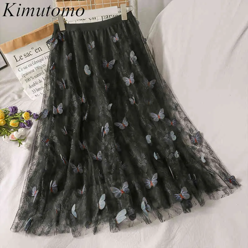 Kimutomo zoete meisjes rokken lente herfst mode vrouwelijke driedimensionale vlinder hoge taille kawaii midden lengte rok 210521