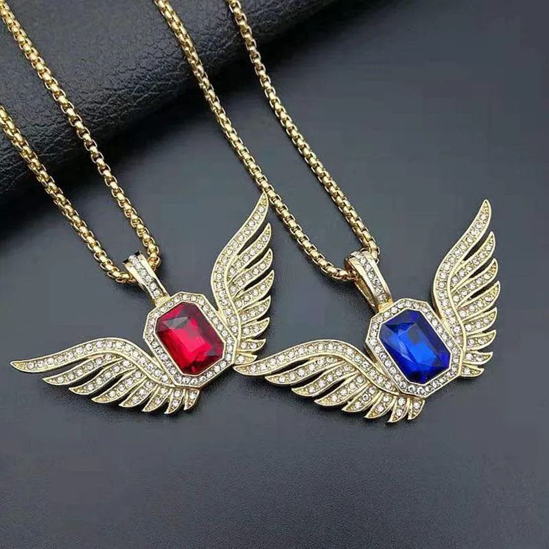 Hängsmycke Halsband Hip Hop Guldfärg Halsband Cubic Zirconia Paved Bling Iced Out Angel Wing Pendants Halsband för män Rapper Smycken