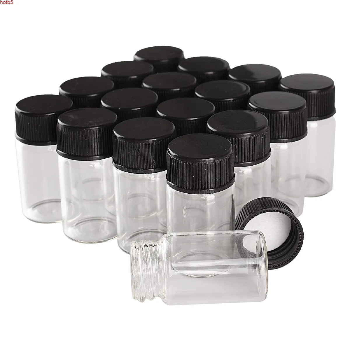 Beaucoup de 100 pièces 7ml 22 * ​​40mm petites bouteilles en verre avec bouchons en plastique noirs Pors de parfum Bouteille de parfum Art Artisanat Qté
