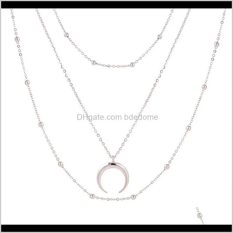 three layers necklace metal bead charm chain choker moon ox horn pendant silver gold color plated for women sexy gift