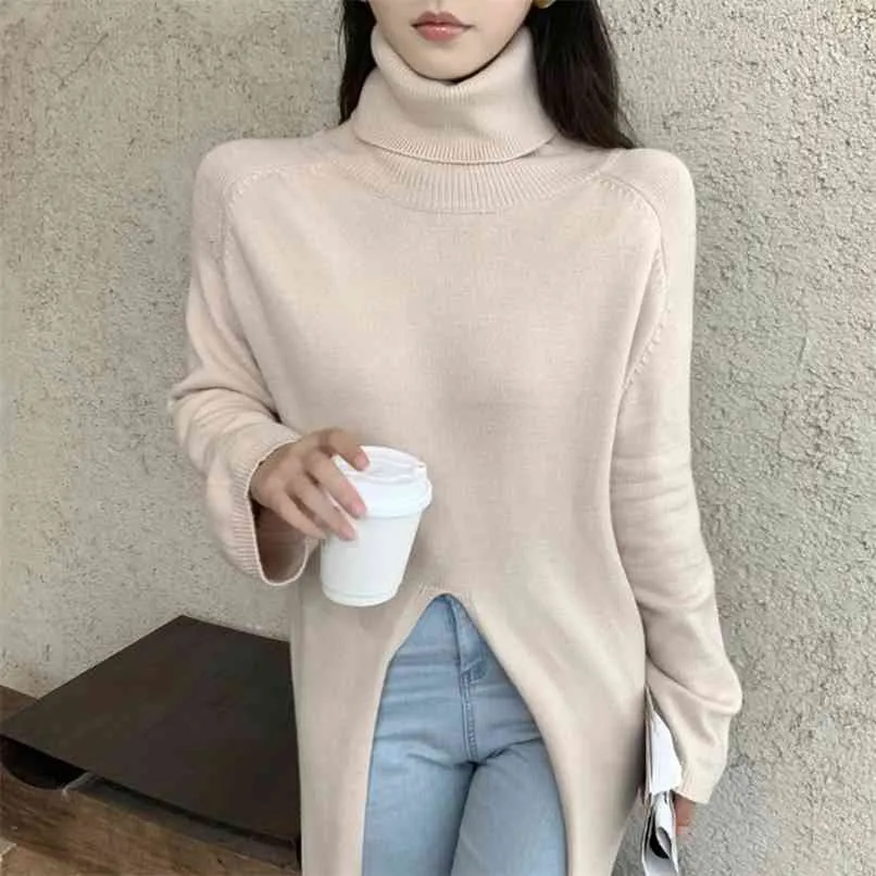 Chic High Split Loose Neck Maxi Sweater Women Winter Keep Warm Elegant Turtleneck Knitted Tops Long Pullover Female 210601