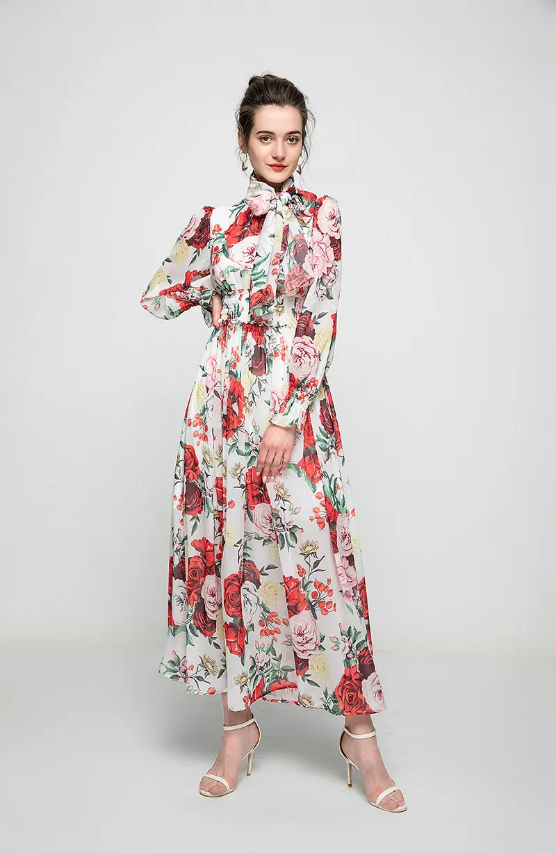 Floral Printed Maxi Dress with Scarf Print Dress for Women's Runway Fashion