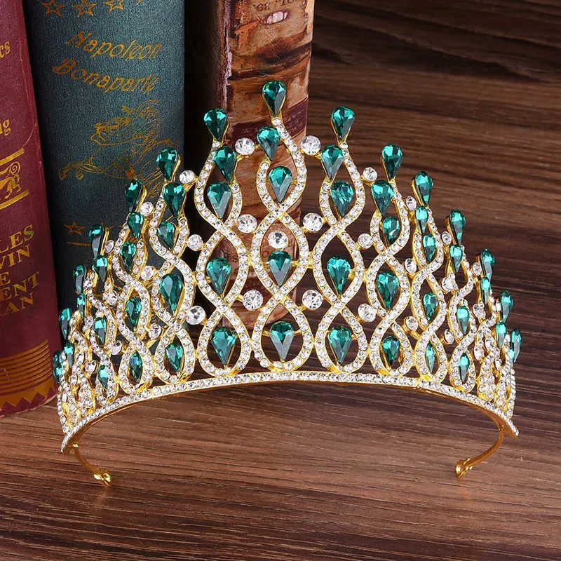 Huge Tall European Green Red Blue Crystal Tiaras Vintage Gold Rhinestone Pageant Crowns Baroque Women Wedding Hair Accessories X0625