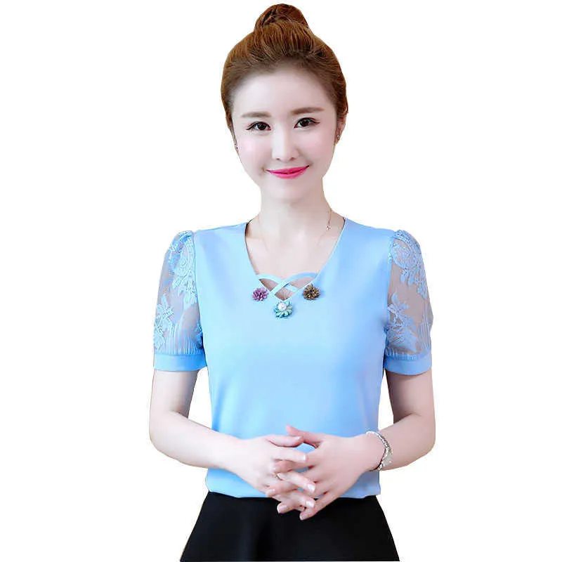 Zomer blouse vrouwen Koreaanse kant patchwork tops grote maat dames shirts mode korte mouw chiffon blusas mujer DF2585 210609