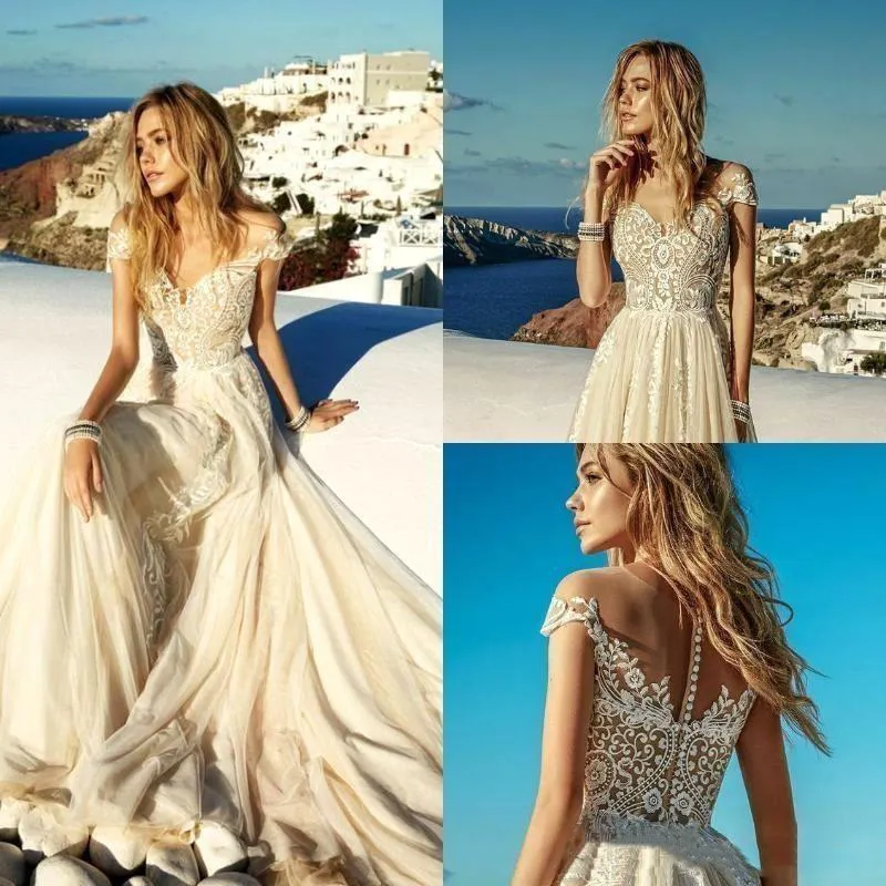 Ny Summer Light Champagne Bröllopsklänningar Boho Beach Chiffon Lace A Line Appliques Long Bridal Gowns Robe de Marie