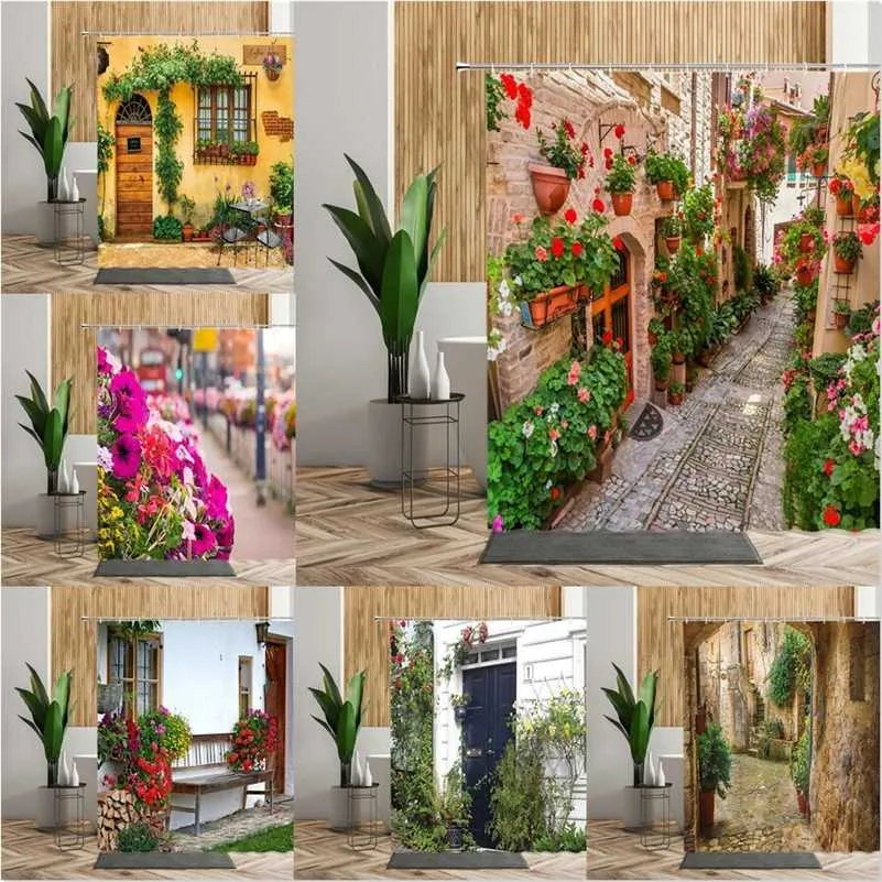 Garden Street Shower Curtains Colorful Flower Alley Printed 3D Bathroom Curtain Set Waterproof Home Bath Accessories With Hooks 211116