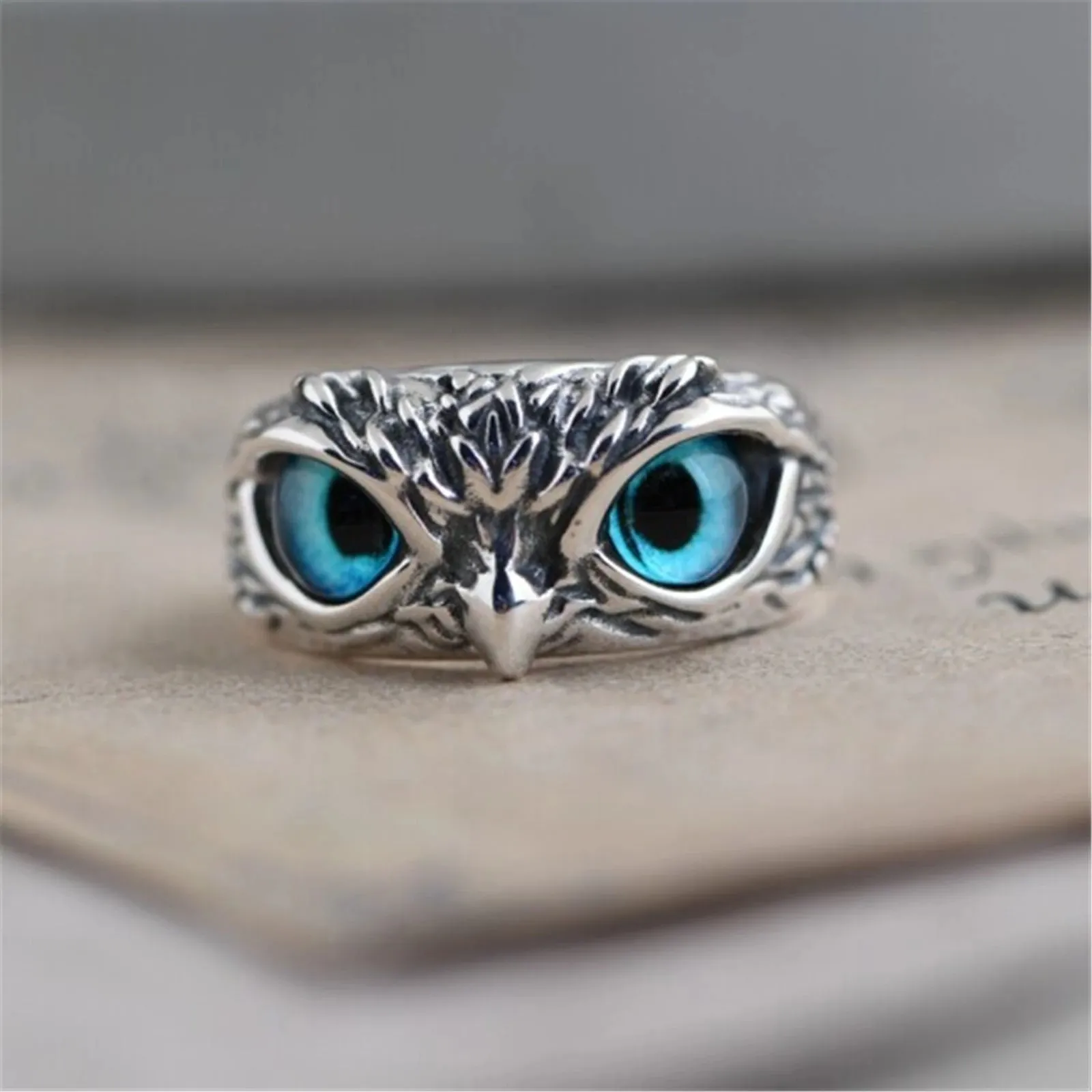 Retro Blue Eye Owl Adjustable Silver Rings With Side Stones Cute Men and Women Simple Design Animal Ring jewelry wholesale