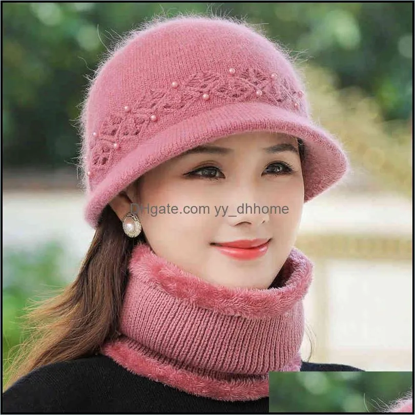 Women Winter Hat Keep Warm Cap Hat & Scarf Set Fashion Hats For Women Casual Rabbit Fur Outdoor Knitted Bucket Hat 211228