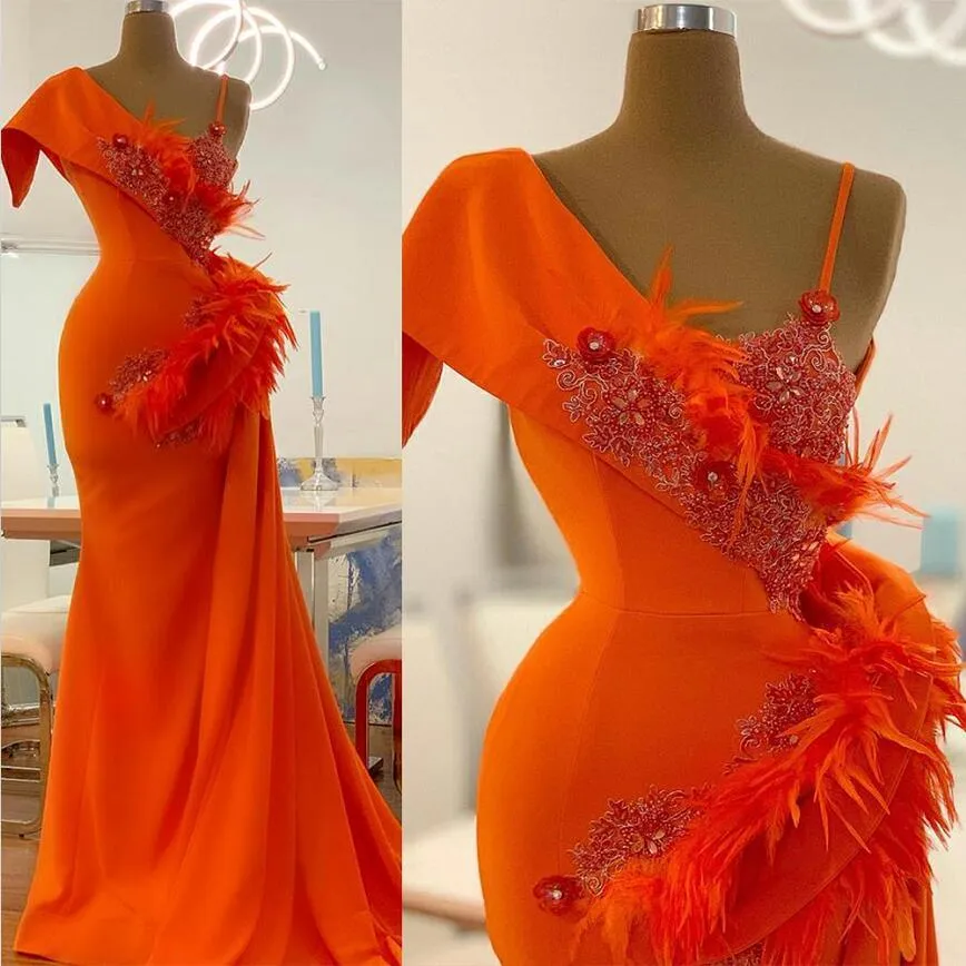 Schickes orangefarbenes Spitzenperlen-Abendkleid mit Federn, sexy One Shouler Plus Size Mermaid Birthday Prom Dresses Vestidos De Novia 322