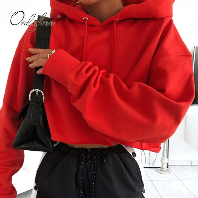 Höst Kvinnor Beskuren Hoodies Casual Toppar Långärmad Röd Streetwear Hooded Sweatshirt 210415