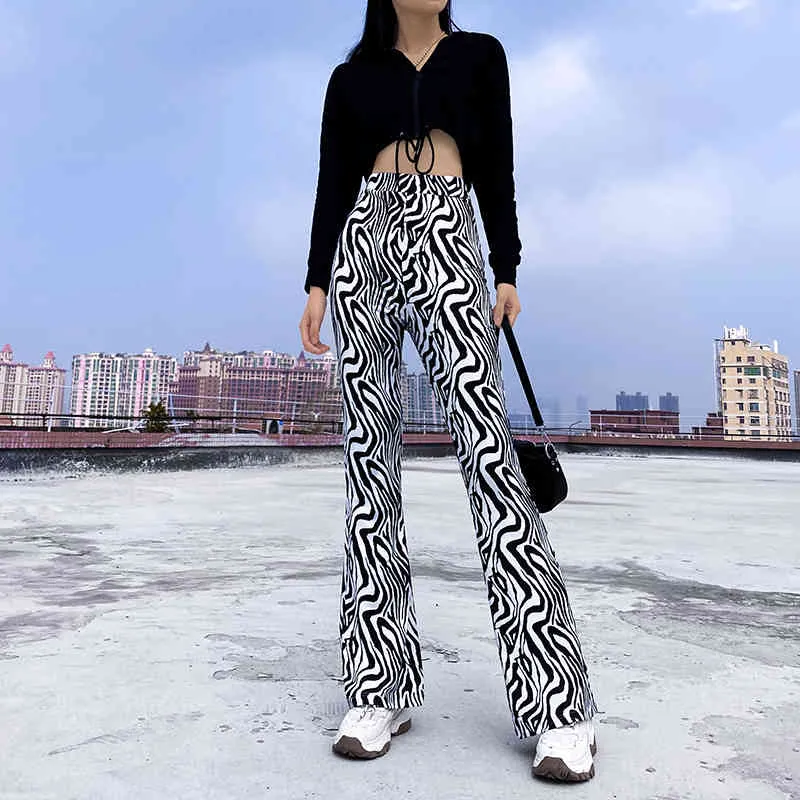 Vintage Striped High Waist Flare Pants For Women Zebra Print Y2K