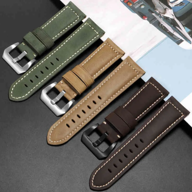 Bracelet de montre rétro en cuir givré, 20 22 24 26mm, marron foncé, kaki, vert armée, accessoires de montre pour hommes, outil cadeau
