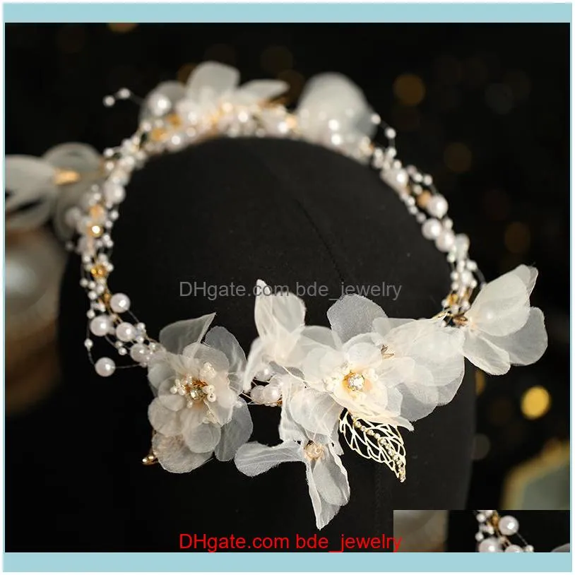 Hair Clips & Barrettes Ribbon Flower Headbands Gold Pearl Hairbands Wedding Accessories Tassel Earrings For Women Jewelry Head Vines