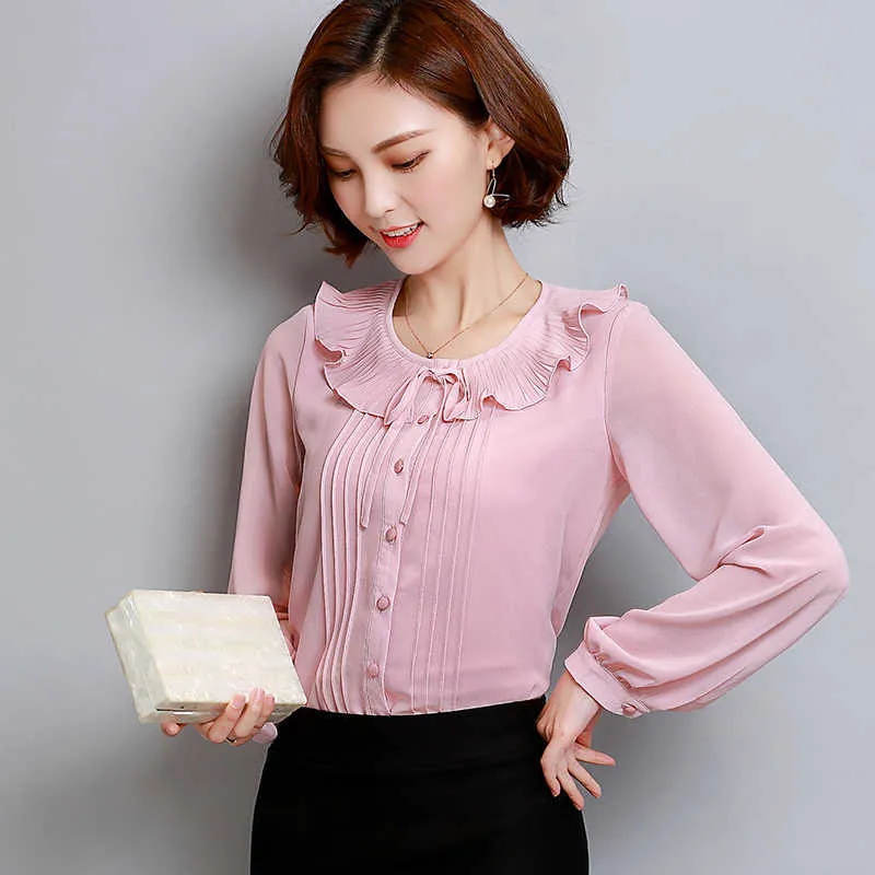 Coreano Chiffon Mulheres Blusas Camisas Manga Longa Mulher Ruffles Sólida Blusa Escritório Lady Pink Tops Plus Size 210531