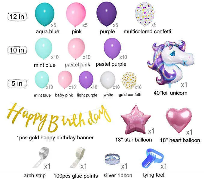 Décorations d'anniversaire de licorne pour les filles, grands ballons de licorne  ballons rose violets confettis en latex ballons joyeux anniversaire  bannière fleurs en papier pour un