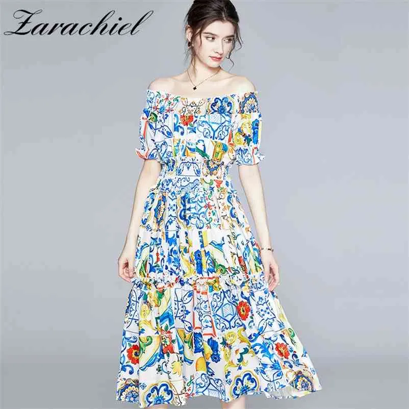 Bohemian Summer Blue and White Porcelain Print Blume Midi Kleid Frauen vor Schulter Kurzarm elastischer Taille Landebahn Kleid 210331