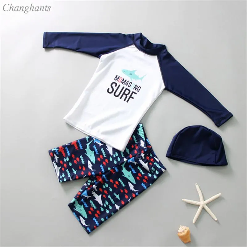 Bikinis Conjunto 2021 Modelos 1-8 anos garotos Rash Guards Letters Blue Fish Boys Boy