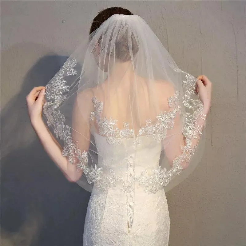 Bruidsluierswit Ivoor Twee Laag Voile Mariage Mariee Wedding Kant Applicaties Bruid Sluier Accessoires Veu de Noiva