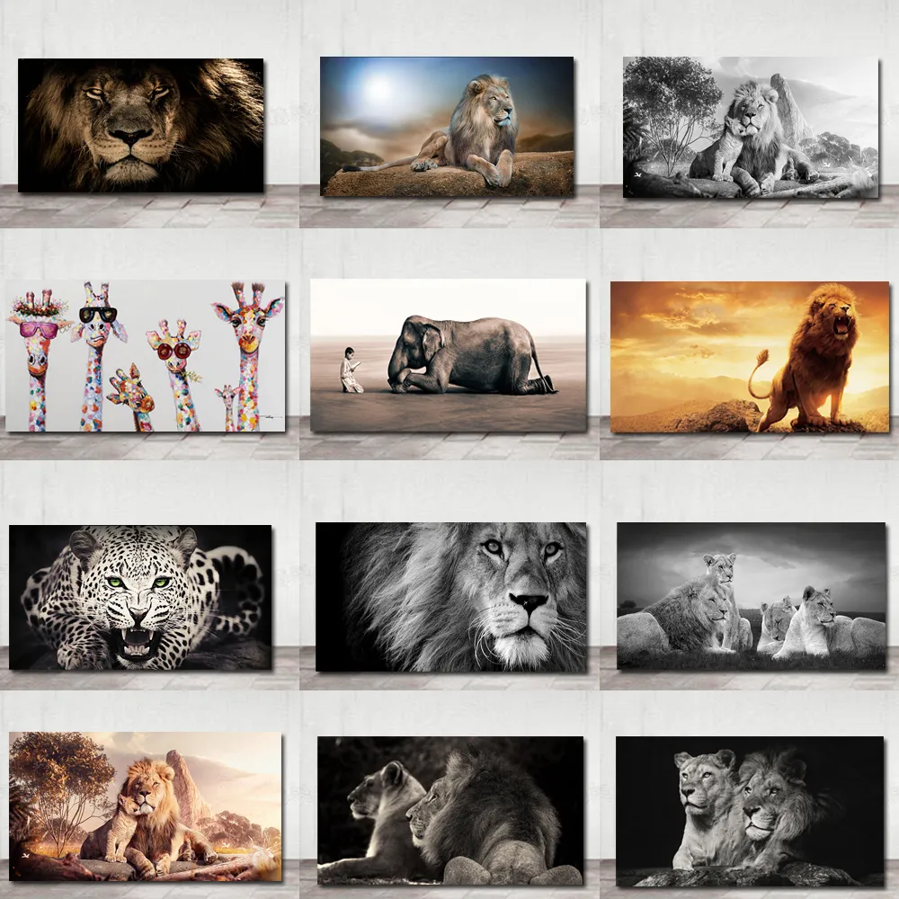 Afrika Büyük Aslan Leopar Hayvanlar Yüz Tuval Resimlerinde Duvar Sanatı Posterler ve Baskılar Hayvanlar Lions Sanat Resimleri Oturma Odası Için