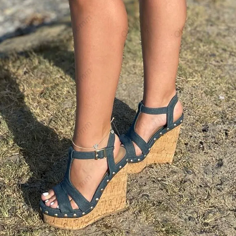 Olomm nouvelle mode femmes plate-forme sandales Denim clous talons compensés bout ouvert noir bleu chaussures décontractées femmes US grande taille 5-20
